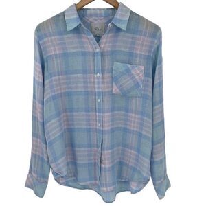 Rails Charli Linen Blend‎ Open Stitch Shirt Button Up Women Small Aqua Pink Blue